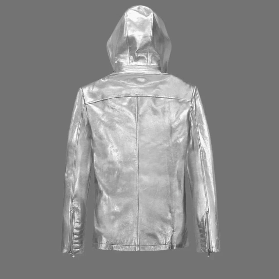 Men's Silver Metallic Lambskin Original Leather Hooded Jacket with Dual Chest Pockets