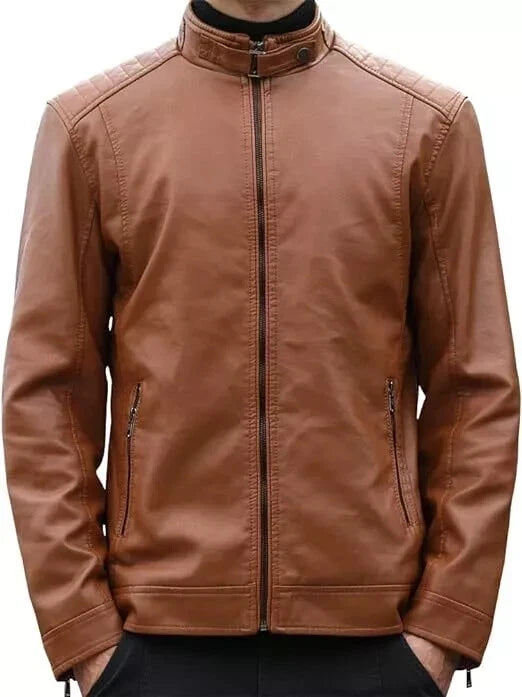 Men's Brown Washed Lambskin Original Leather Racer Jacket