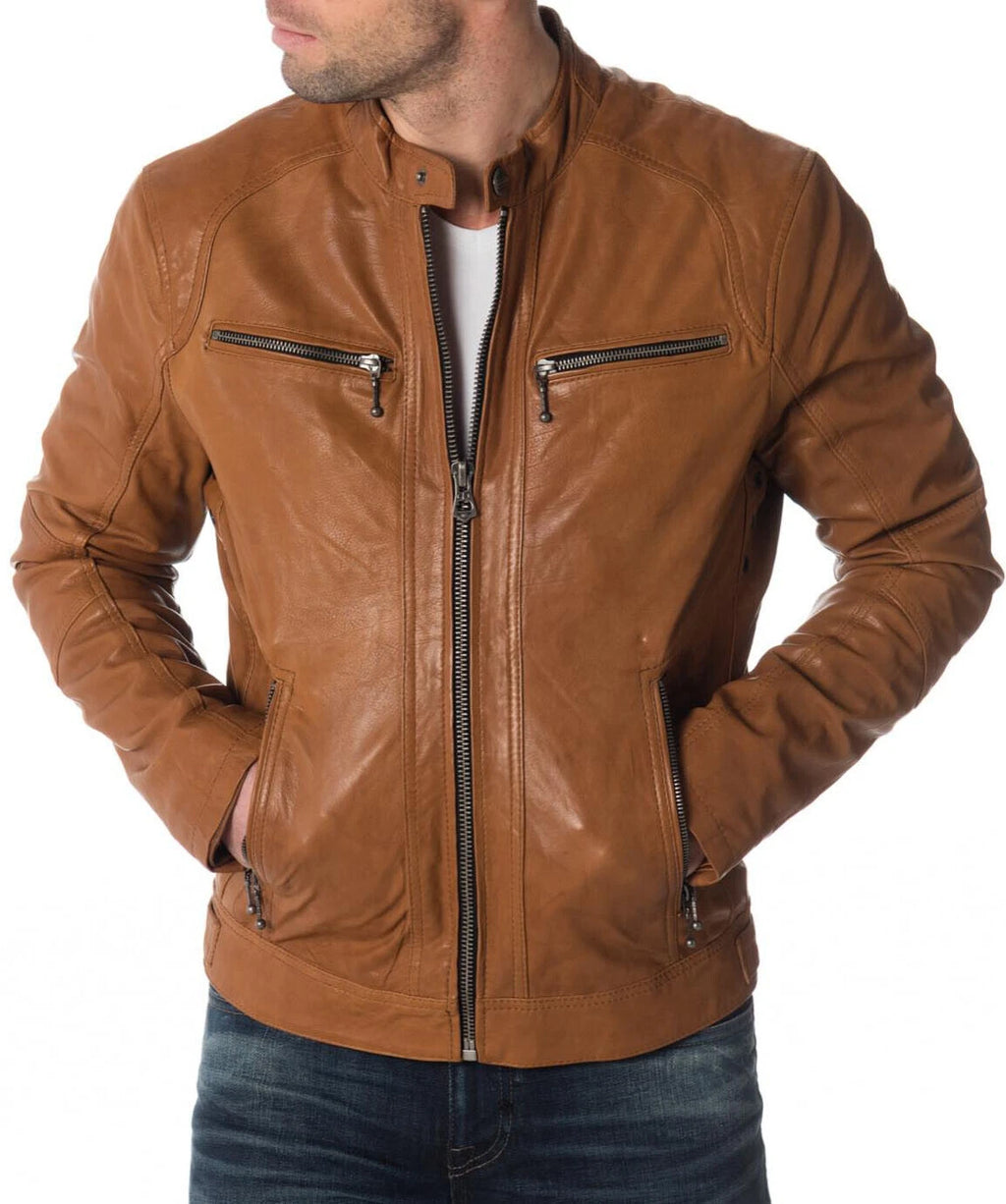 Men's Brown Lambskin Original Leather Biker Jacket with Dual Chest Zips