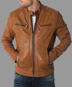 Men's Brown Lambskin Original Leather Biker Jacket with Dual Chest Zips