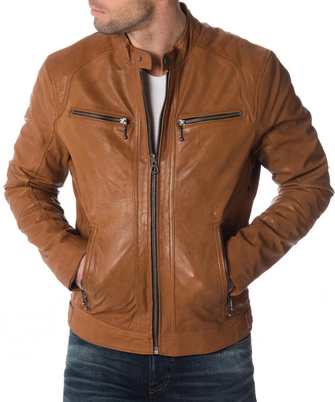 Men's Brown Lambskin Original Leather Biker Jacket with Dual Chest Zips