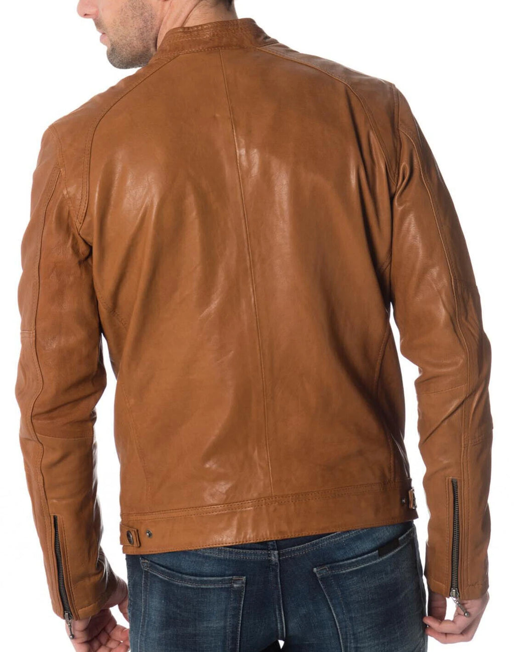 Men's Brown Lambskin Original Leather Biker Jacket with Dual Chest Zips