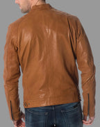 Men's Brown Lambskin Original Leather Biker Jacket with Dual Chest Zips