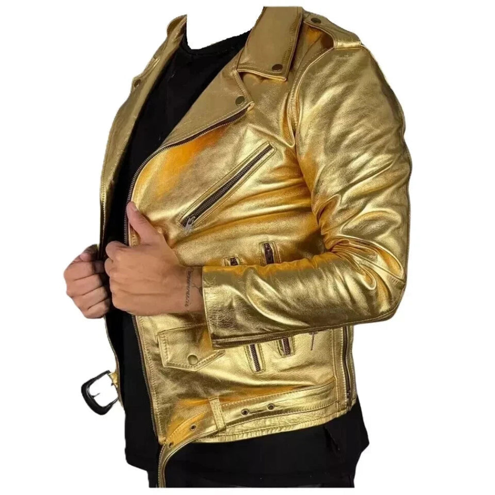 Men's Gold Metallic Original Premium Lambskin Leather Biker Jacket