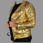 Men's Gold Metallic Original Premium Lambskin Leather Biker Jacket