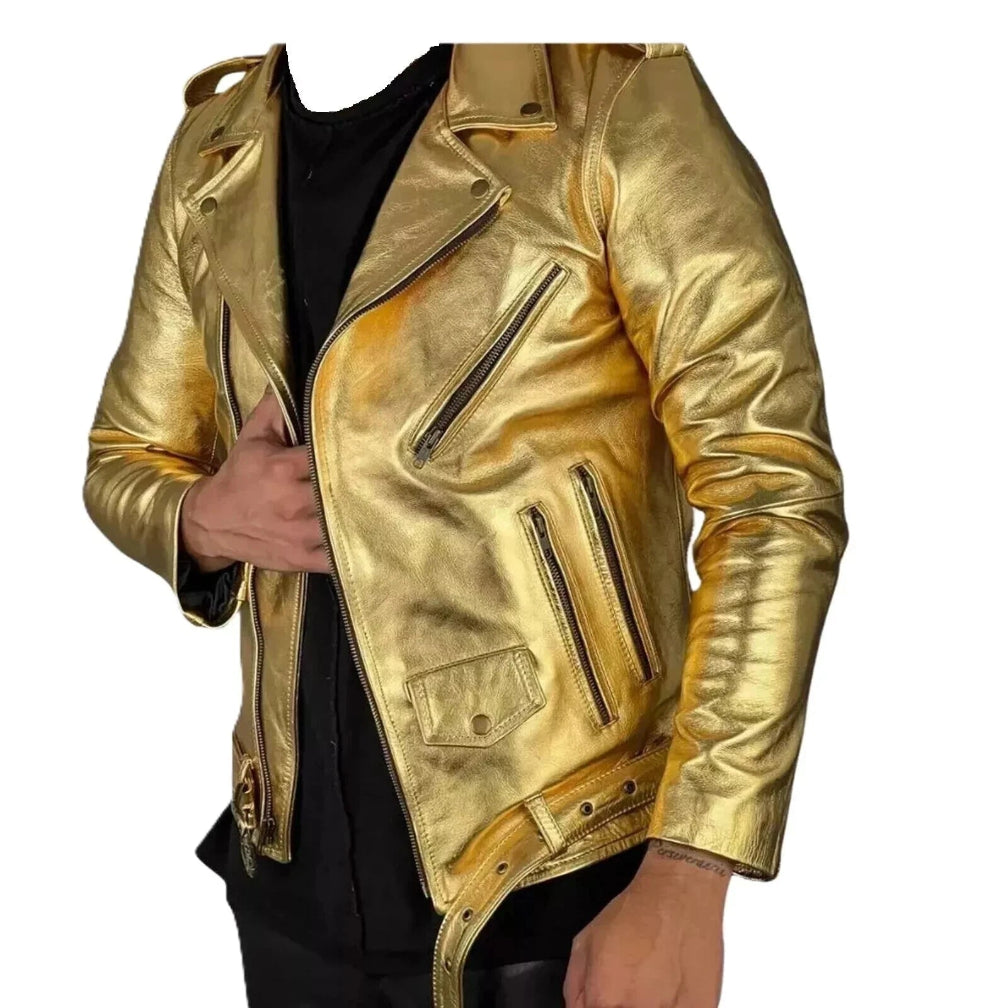 Men's Gold Metallic Original Premium Lambskin Leather Biker Jacket