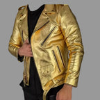 Men's Gold Metallic Original Premium Lambskin Leather Biker Jacket