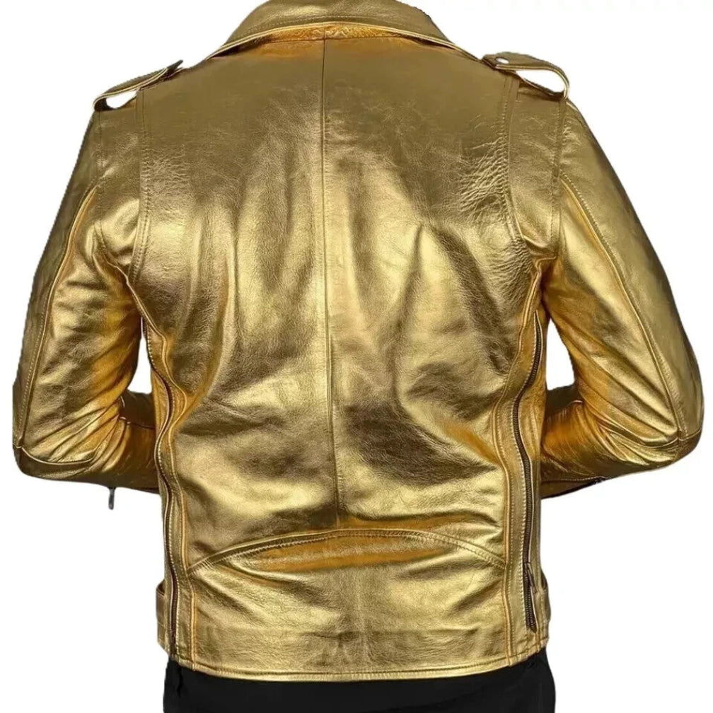 Men's Gold Metallic Original Premium Lambskin Leather Biker Jacket