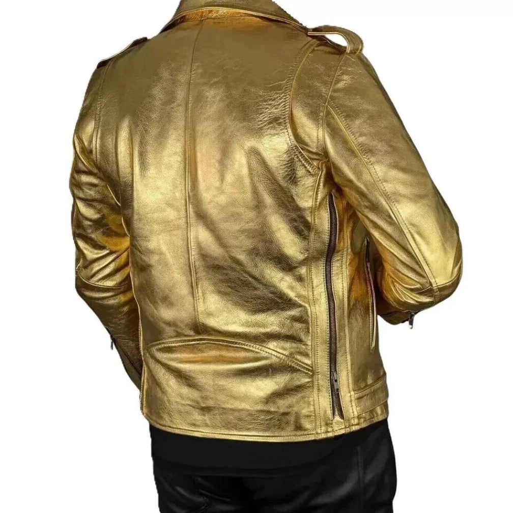 Men's Gold Metallic Original Premium Lambskin Leather Biker Jacket