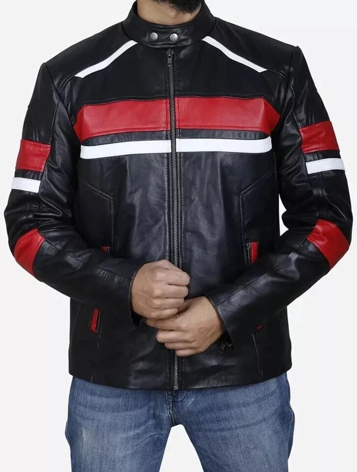 Men's Black Lambskin Premium Original Leather Motorsport Jacket with Red & White Panels