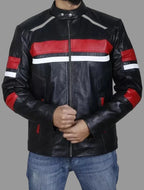Men's Black Lambskin Premium Original Leather Motorsport Jacket with Red & White Panels