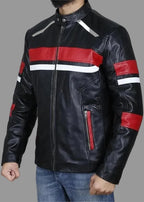 Men's Black Lambskin Premium Original Leather Motorsport Jacket with Red & White Panels
