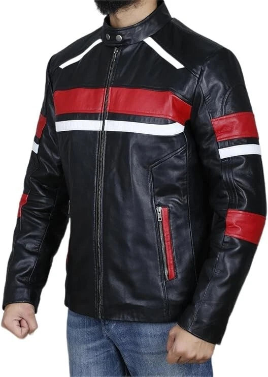Men's Black Lambskin Premium Original Leather Motorsport Jacket with Red & White Panels