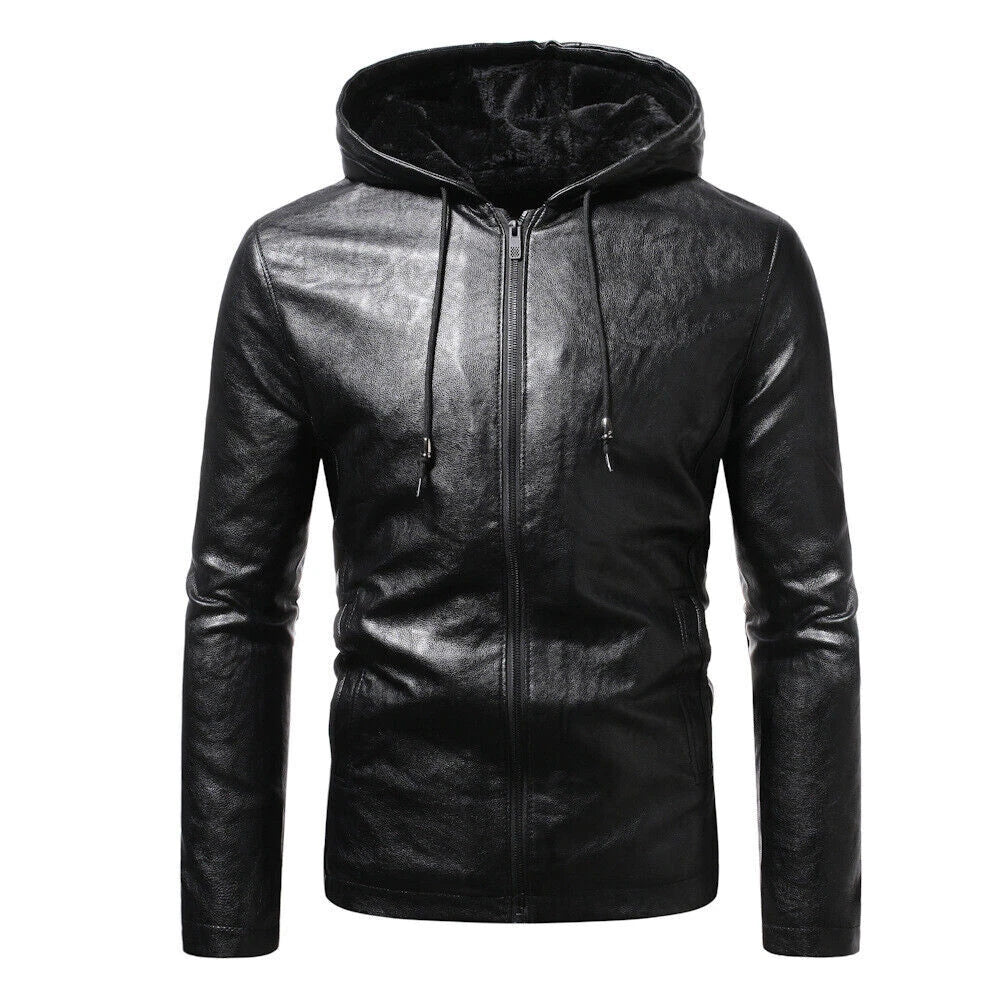 Men's Premium Black Lambskin Original Leather Hooded Zip Jacket