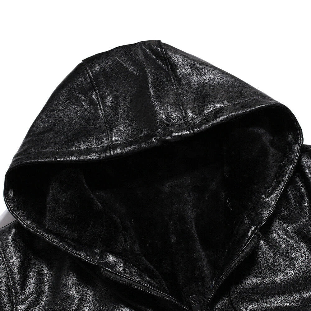 Men's Premium Black Lambskin Original Leather Hooded Zip Jacket