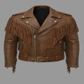 Men's Brown Lambskin Original Leather Premium Fringe Biker Jacket