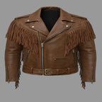 Men's Brown Lambskin Original Leather Premium Fringe Biker Jacket