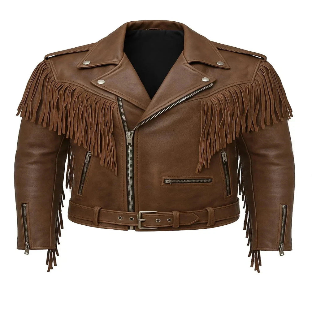 Men's Brown Lambskin Original Leather Premium Fringe Biker Jacket