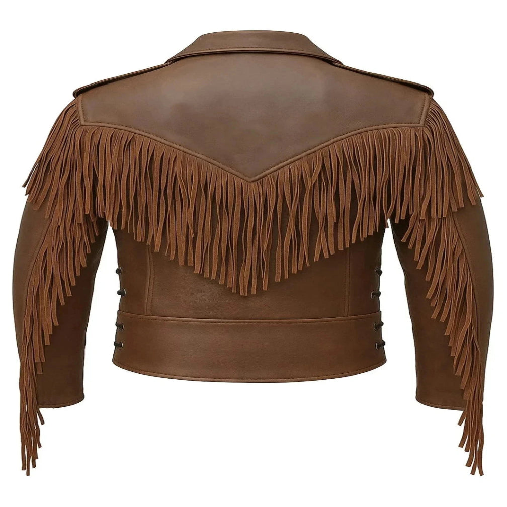 Men's Brown Lambskin Original Leather Premium Fringe Biker Jacket