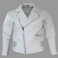 Men's White Lambskin Premium Original Leather Biker Jacket with Quilted Shoulders & Double Buckle Hem