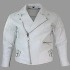 Men's White Lambskin Premium Original Leather Biker Jacket with Quilted Shoulders & Double Buckle Hem