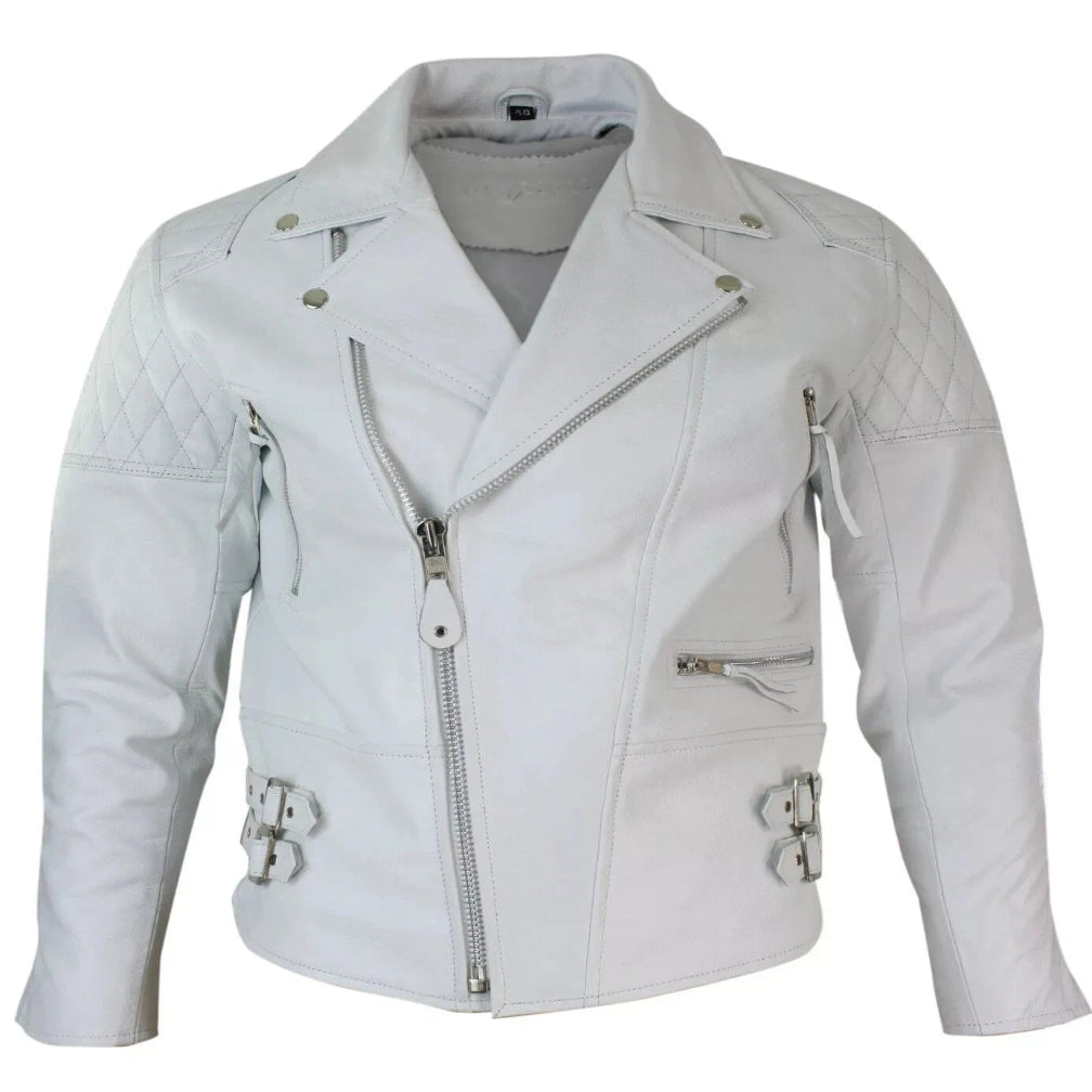 Men's White Lambskin Premium Original Leather Biker Jacket with Quilted Shoulders & Double Buckle Hem