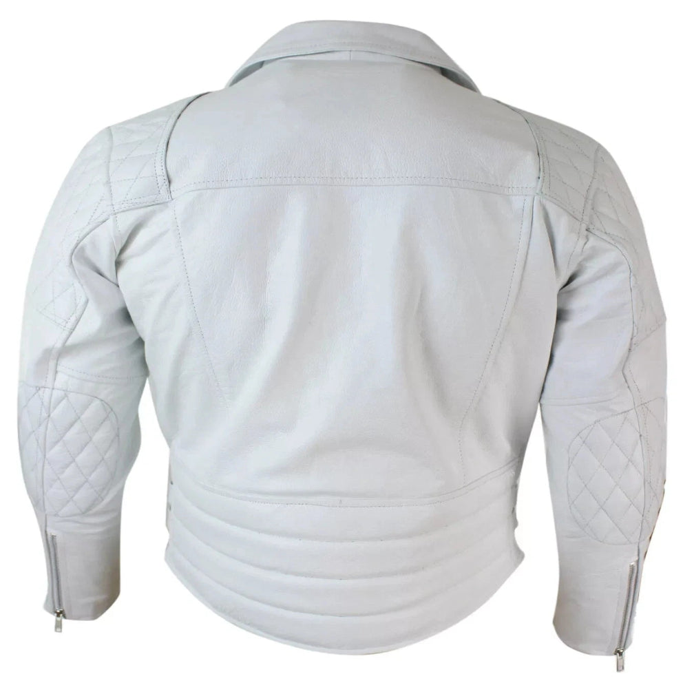 Men's White Lambskin Premium Original Leather Biker Jacket with Quilted Shoulders & Double Buckle Hem