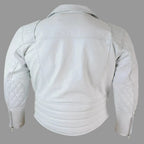 Men's White Lambskin Premium Original Leather Biker Jacket with Quilted Shoulders & Double Buckle Hem