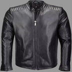 Men's Black Lambskin Original Premium Leather Biker Jacket with Quilted Shoulders