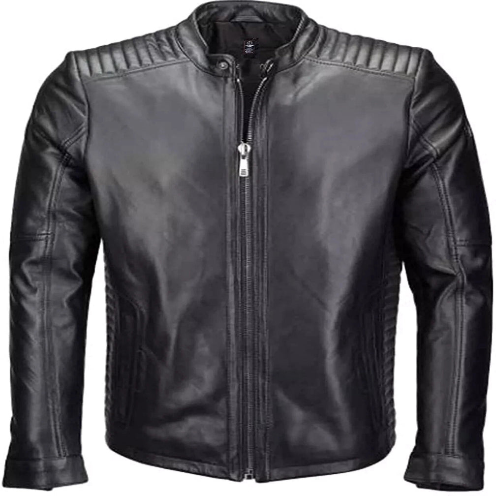Men's Black Lambskin Original Premium Leather Biker Jacket with Quilted Shoulders
