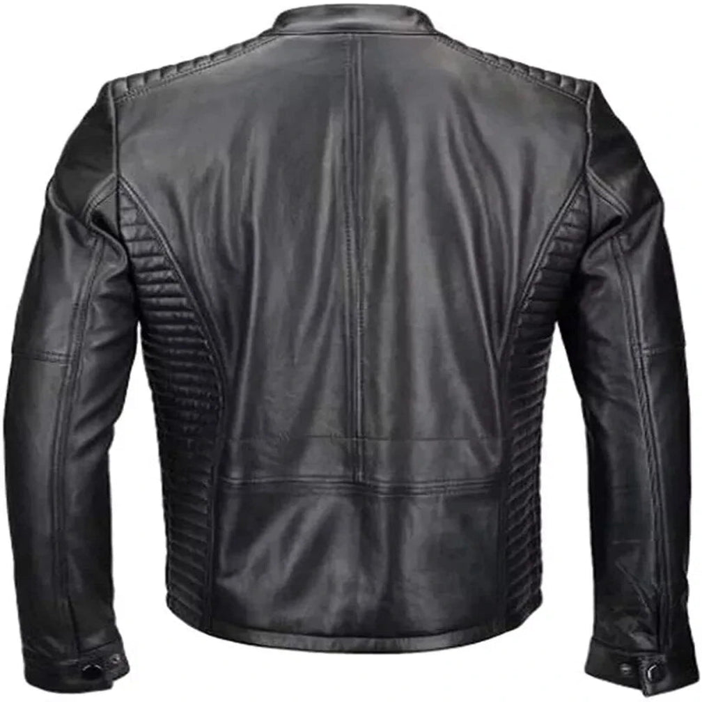Men's Black Lambskin Original Premium Leather Biker Jacket with Quilted Shoulders