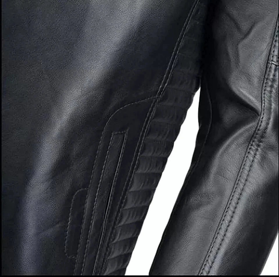 Men's Black Lambskin Original Premium Leather Biker Jacket with Quilted Shoulders
