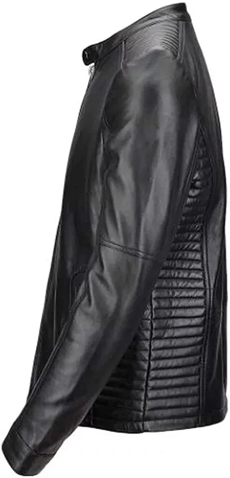 Men's Black Lambskin Original Premium Leather Biker Jacket with Quilted Shoulders