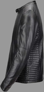 Men's Black Lambskin Original Premium Leather Biker Jacket with Quilted Shoulders