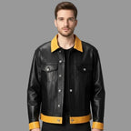 Men's Black & Yellow Two-Tone Lambskin Original Premium Leather Trucker Jacket