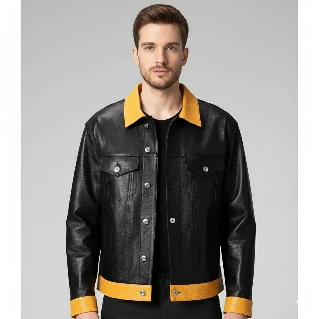 Men's Black & Yellow Two-Tone Lambskin Original Premium Leather Trucker Jacket