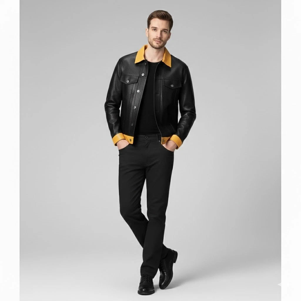 Men's Black & Yellow Two-Tone Lambskin Original Premium Leather Trucker Jacket