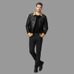 Men's Black & Yellow Two-Tone Lambskin Original Premium Leather Trucker Jacket