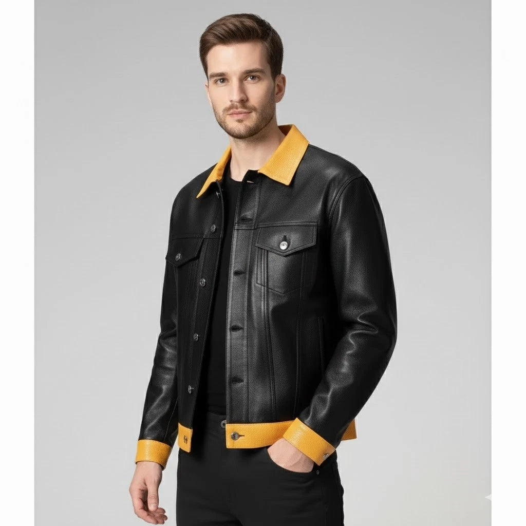 Men's Black & Yellow Two-Tone Lambskin Original Premium Leather Trucker Jacket
