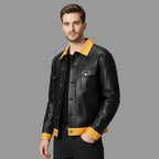 Men's Black & Yellow Two-Tone Lambskin Original Premium Leather Trucker Jacket