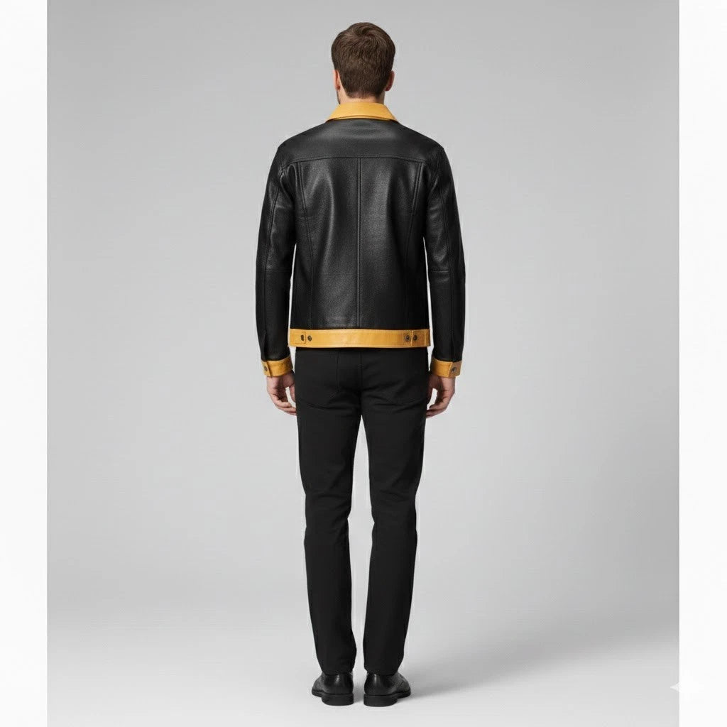 Men's Black & Yellow Two-Tone Lambskin Original Premium Leather Trucker Jacket