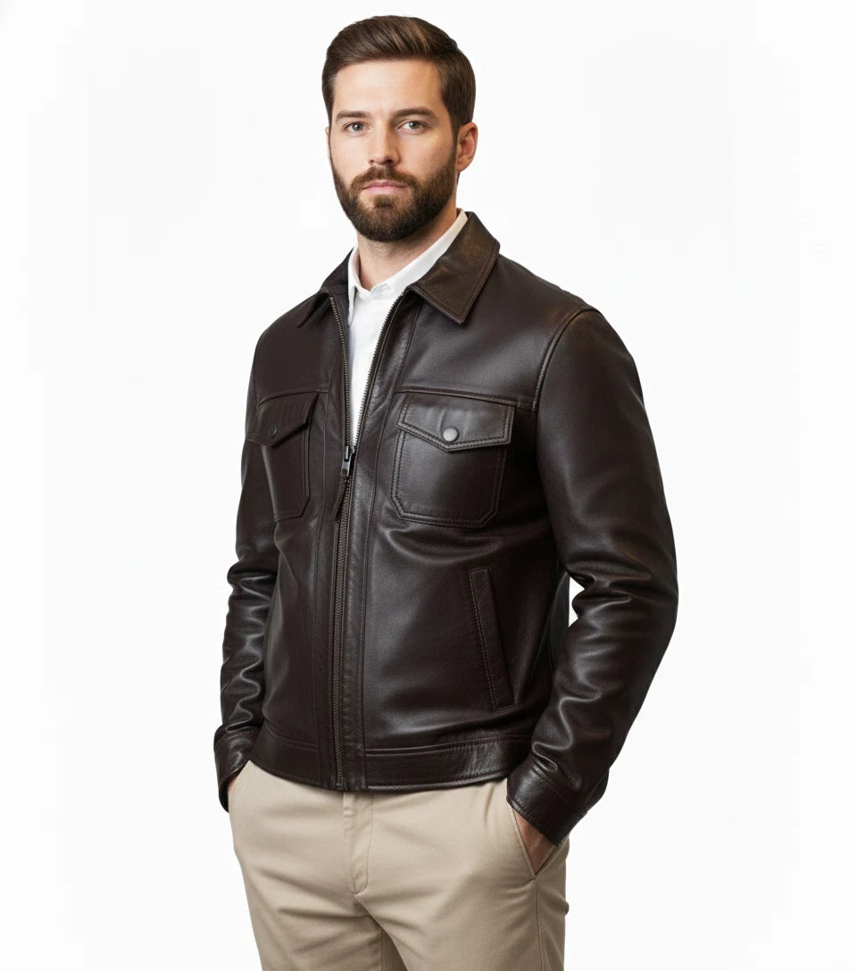 Men's Dark Brown Original Premium Lambskin Leather Trucker Jacket with Chest Pockets