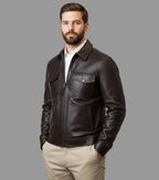 Men's Dark Brown Original Premium Lambskin Leather Trucker Jacket with Chest Pockets