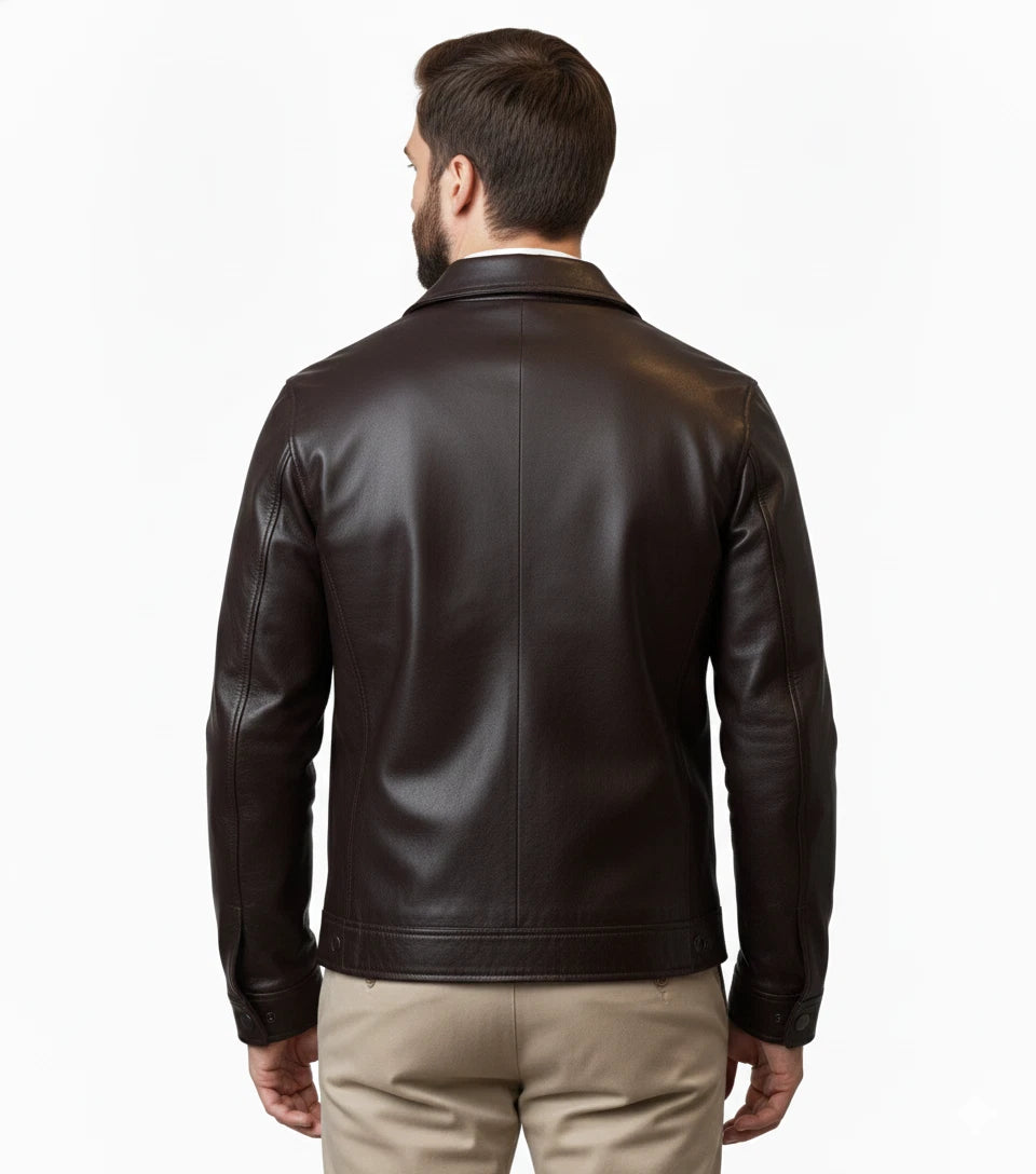 Men's Dark Brown Original Premium Lambskin Leather Trucker Jacket with Chest Pockets
