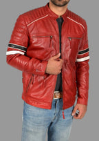 Men's Red Premium Original Lambskin Leather Biker Jacket with Racing Stripes