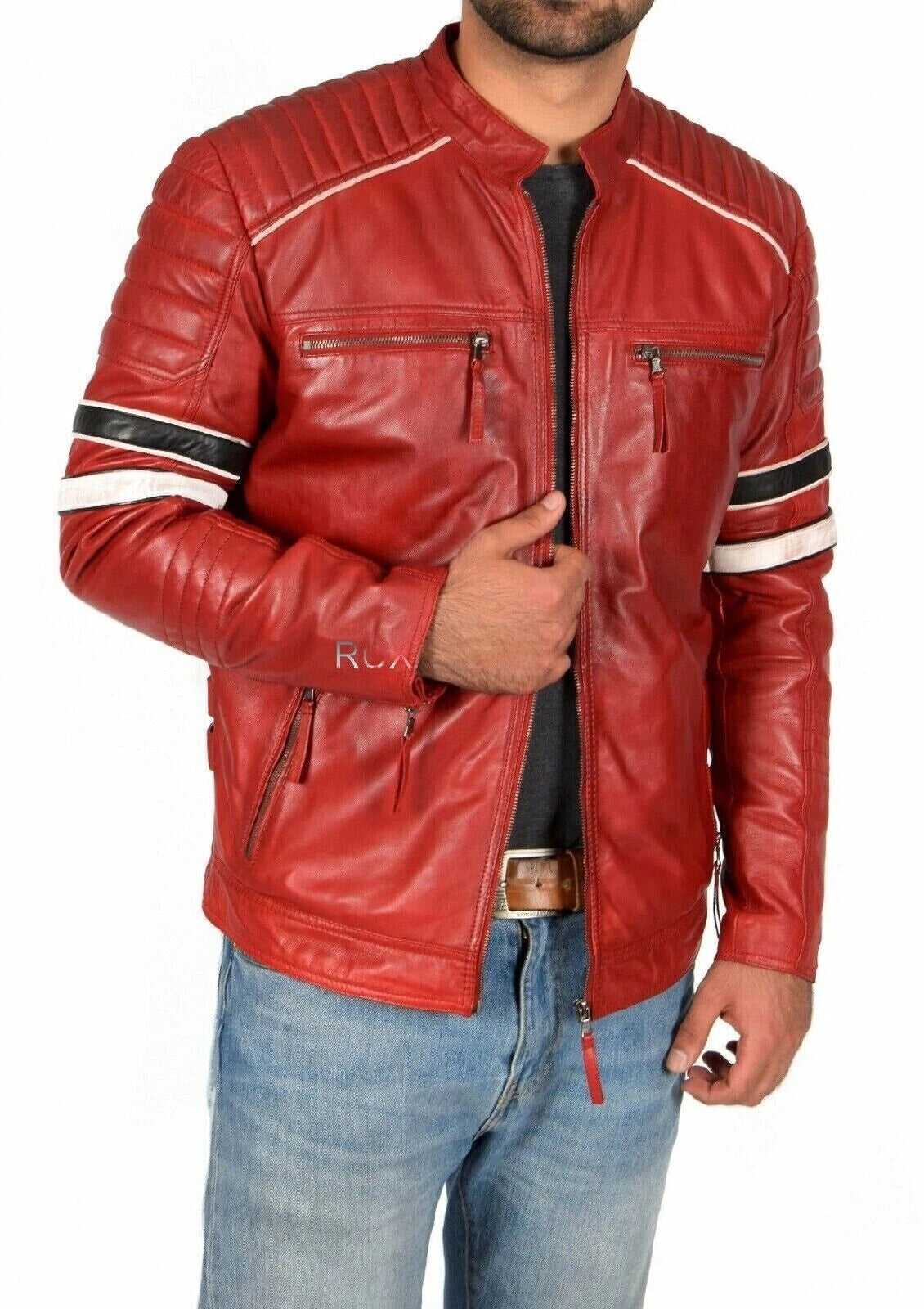 Men's Red Premium Original Lambskin Leather Biker Jacket with Racing Stripes