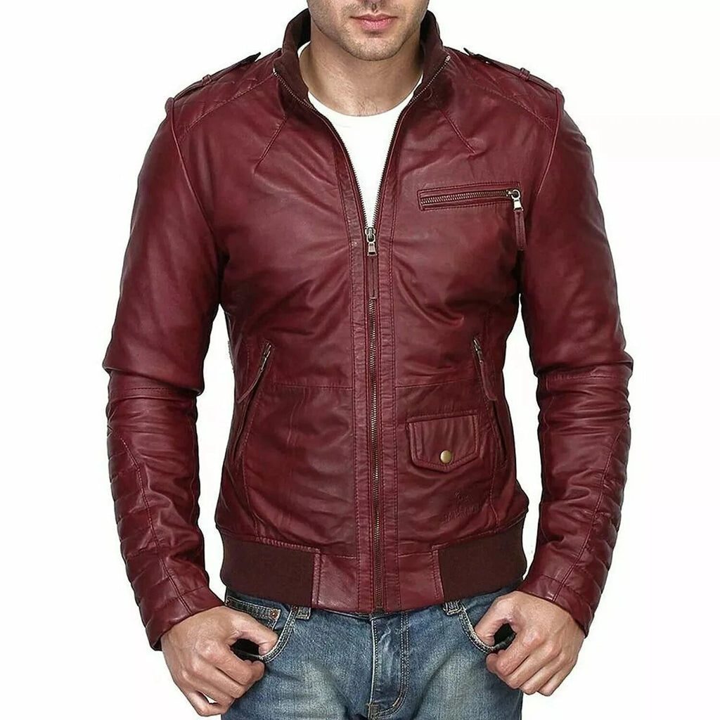 Men's Maroon Lambskin Original Premium Leather Bomber Jacket with Epaulettes