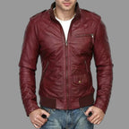 Men's Maroon Lambskin Original Premium Leather Bomber Jacket with Epaulettes
