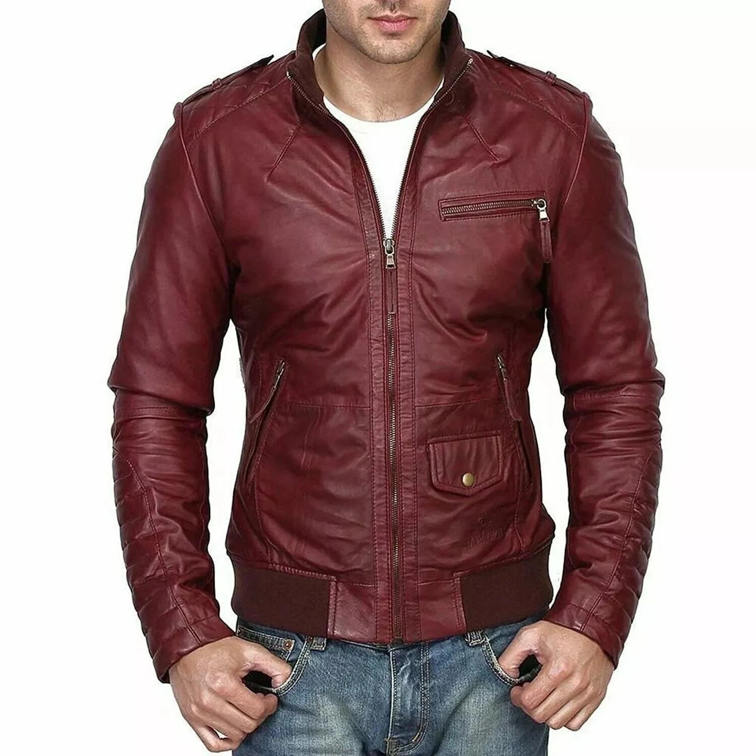Men's Maroon Lambskin Original Premium Leather Bomber Jacket with Epaulettes