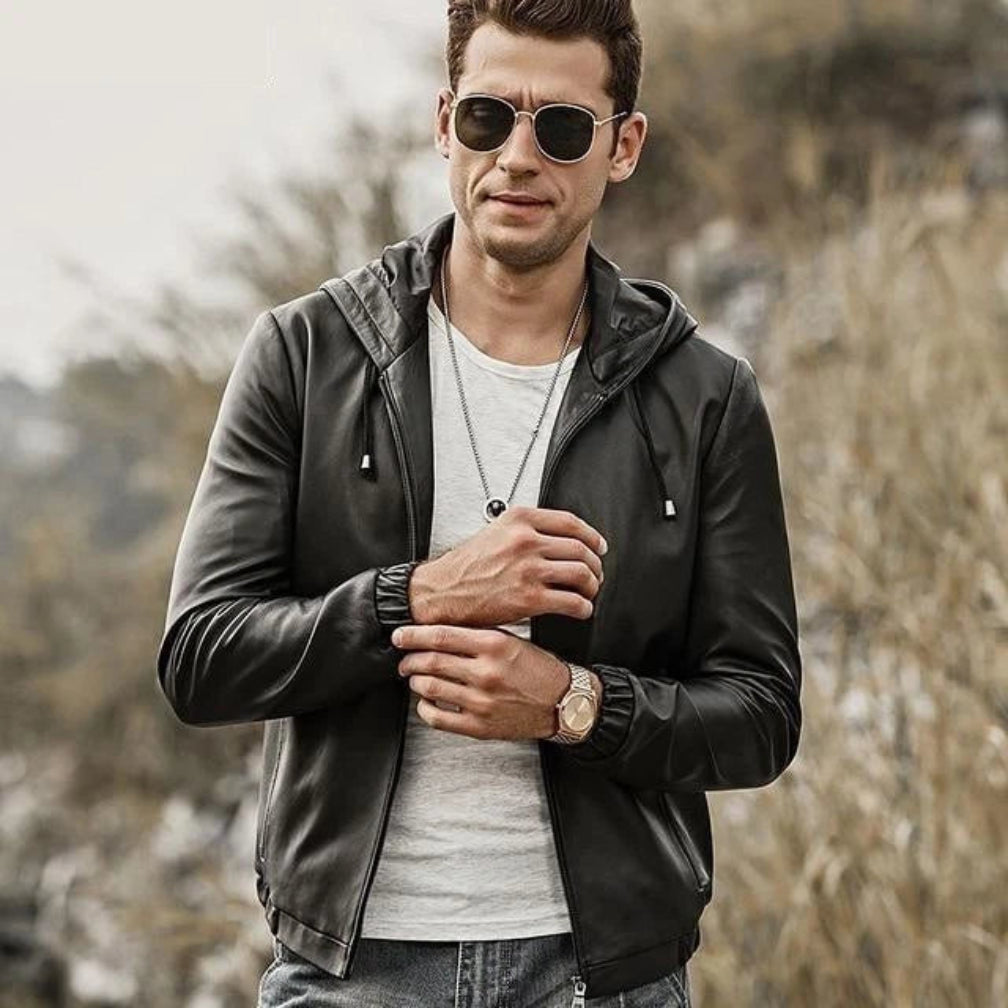 Men's Black Lambskin Premium Original Leather Jacket with Detachable Hood